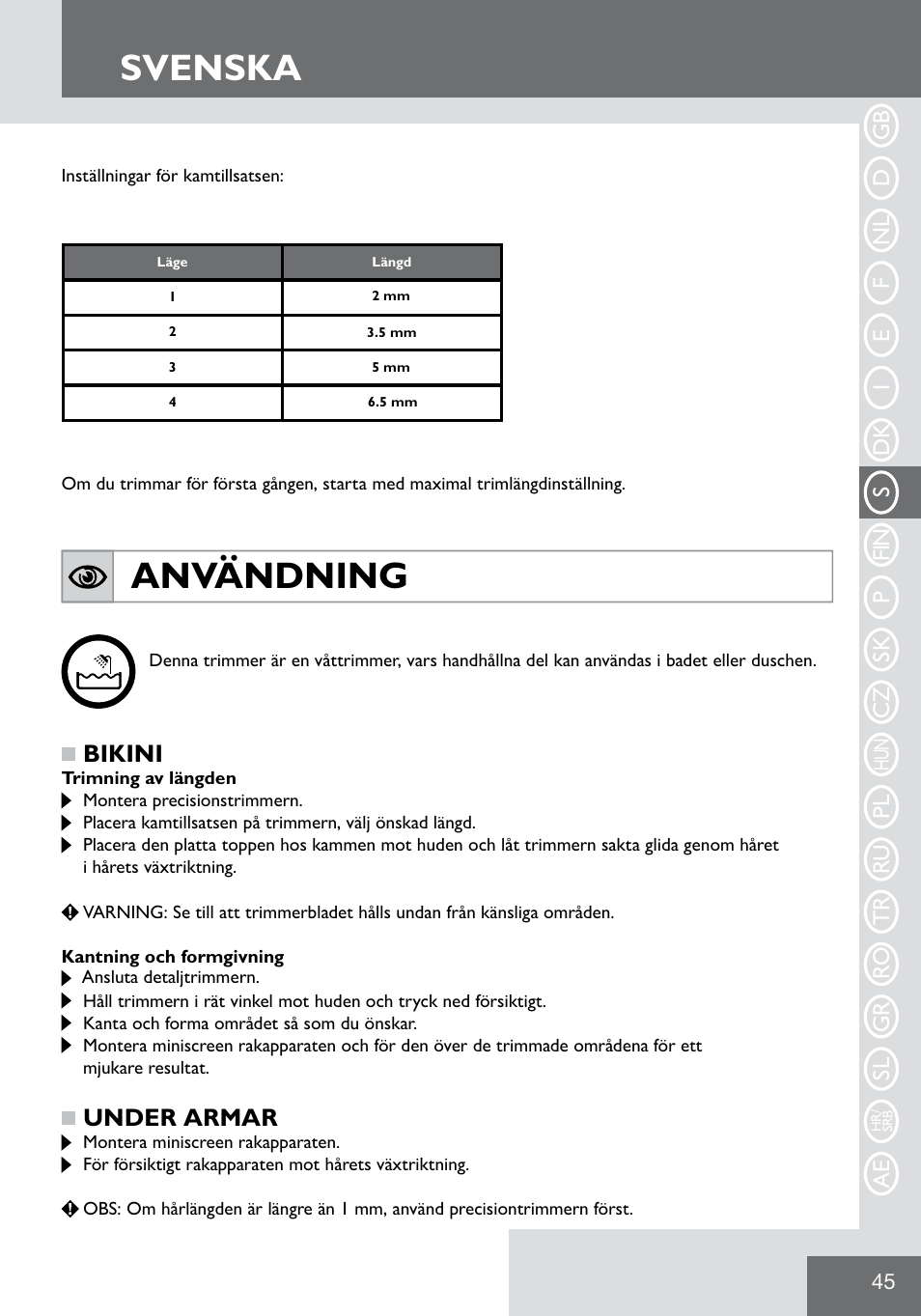 Svenska, Användning, Bikini | Under armar | Remington WPG2000 User Manual | Page 47 / 128