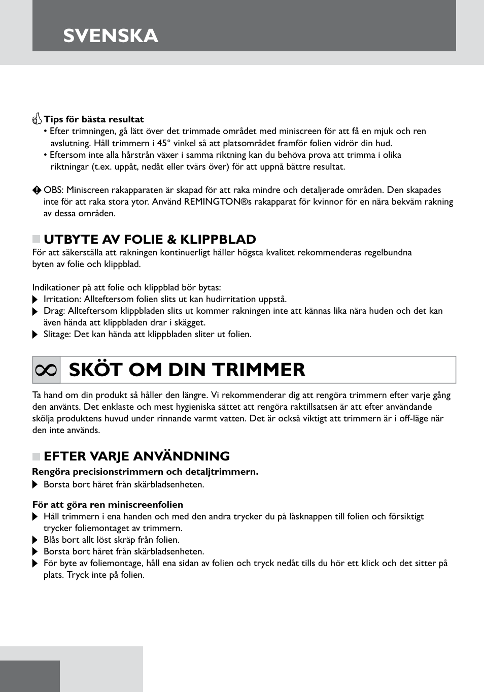 Svenska, Sköt om din trimmer | Remington WPG2000 User Manual | Page 48 / 128