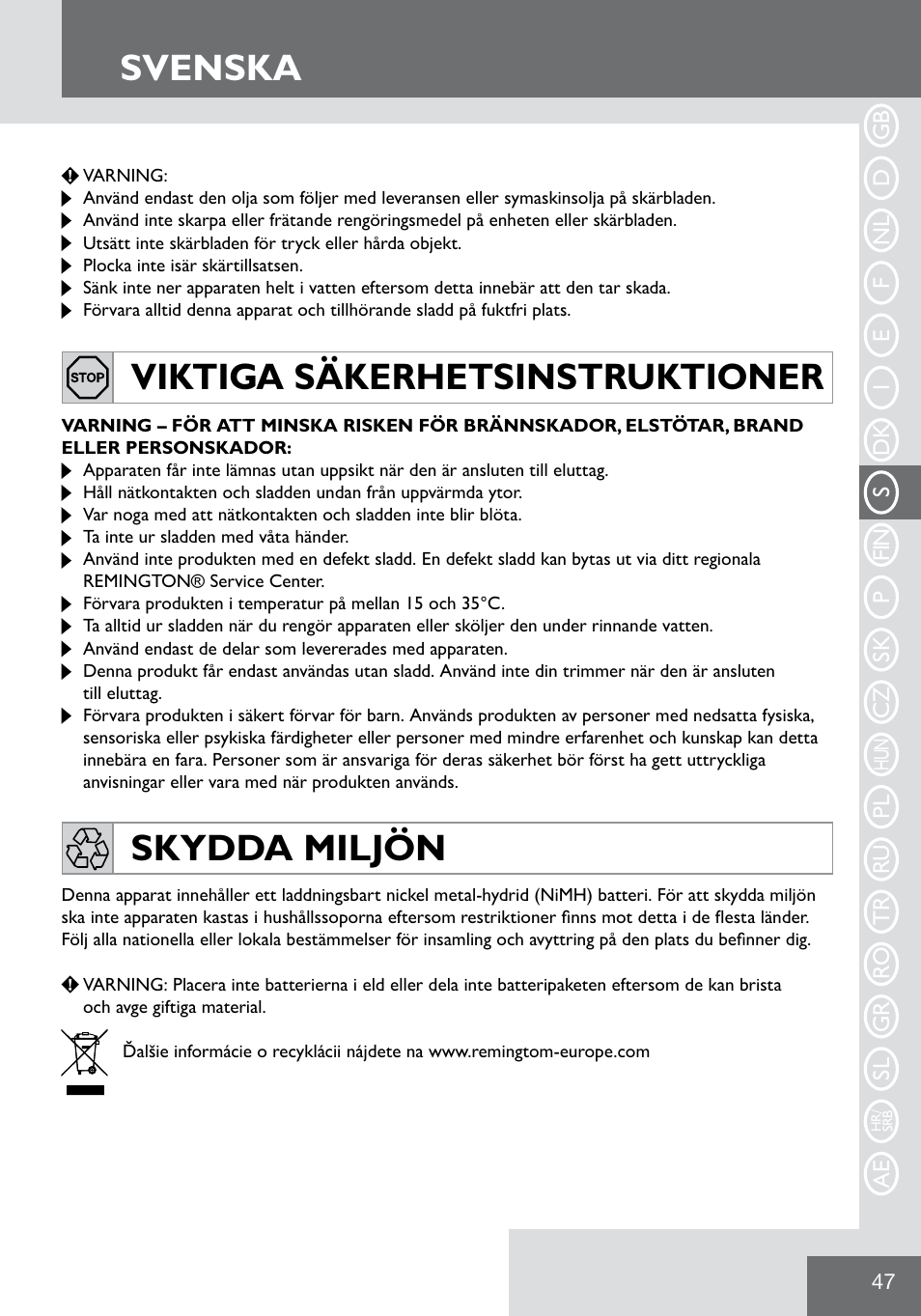 Svenska, Viktiga säkerhetsinstruktioner skydda miljön | Remington WPG2000 User Manual | Page 49 / 128