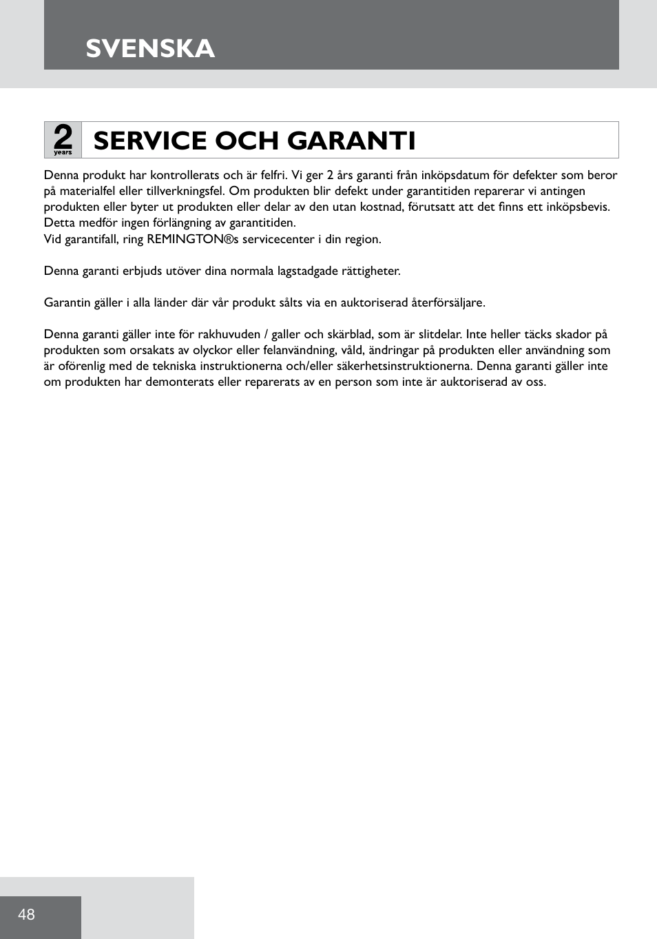 Svenska, Service och garanti | Remington WPG2000 User Manual | Page 50 / 128