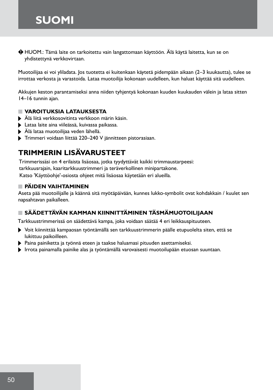 Suomi, Trimmerin lisävarusteet | Remington WPG2000 User Manual | Page 52 / 128