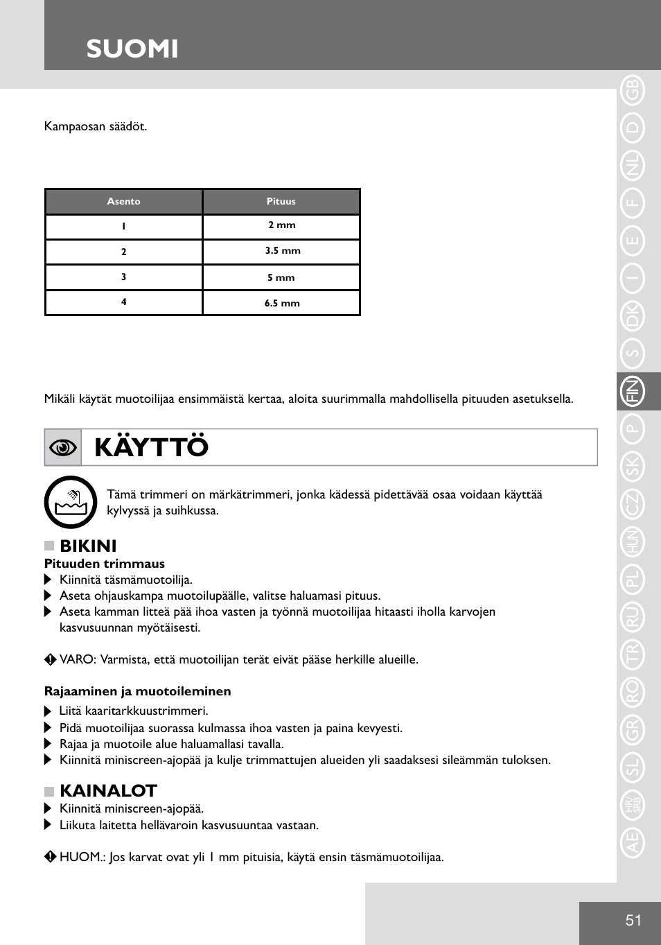 Suomi, Käyttö, Bikini | Kainalot | Remington WPG2000 User Manual | Page 53 / 128