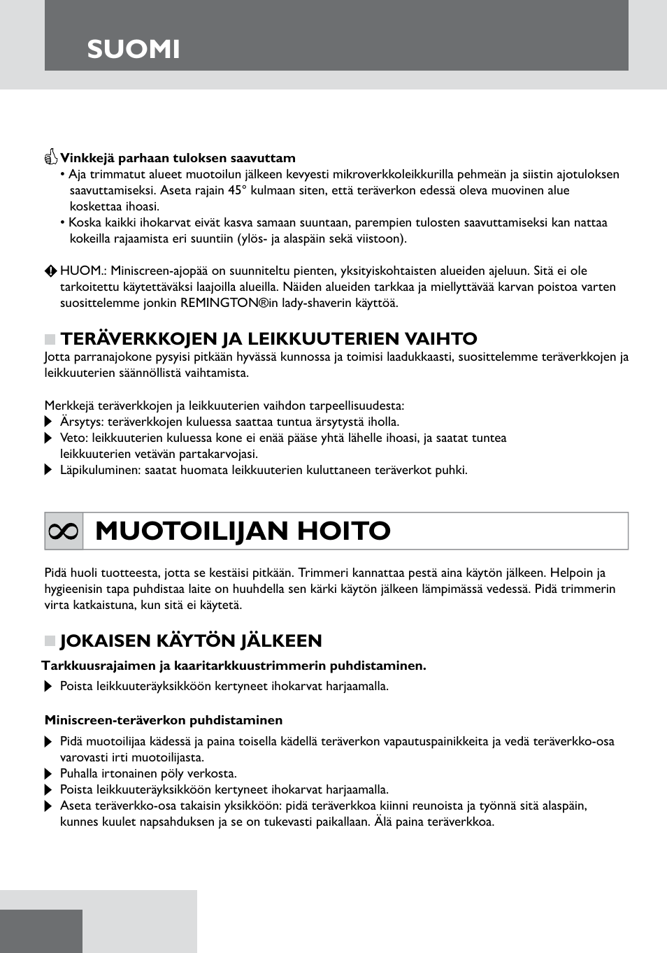 Suomi, Muotoilijan hoito | Remington WPG2000 User Manual | Page 54 / 128