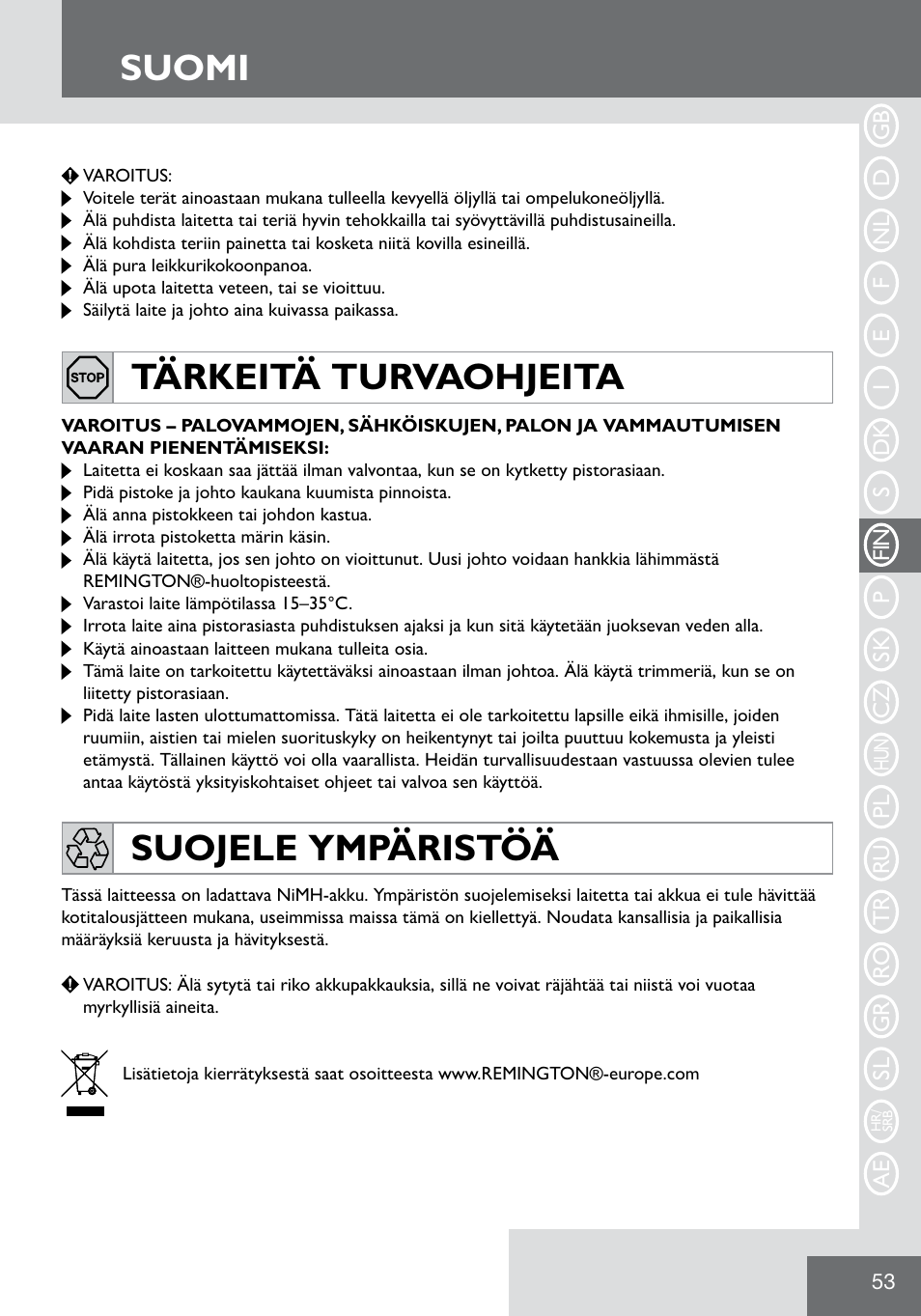 Suomi, Tärkeitä turvaohjeita suojele ympäristöä | Remington WPG2000 User Manual | Page 55 / 128