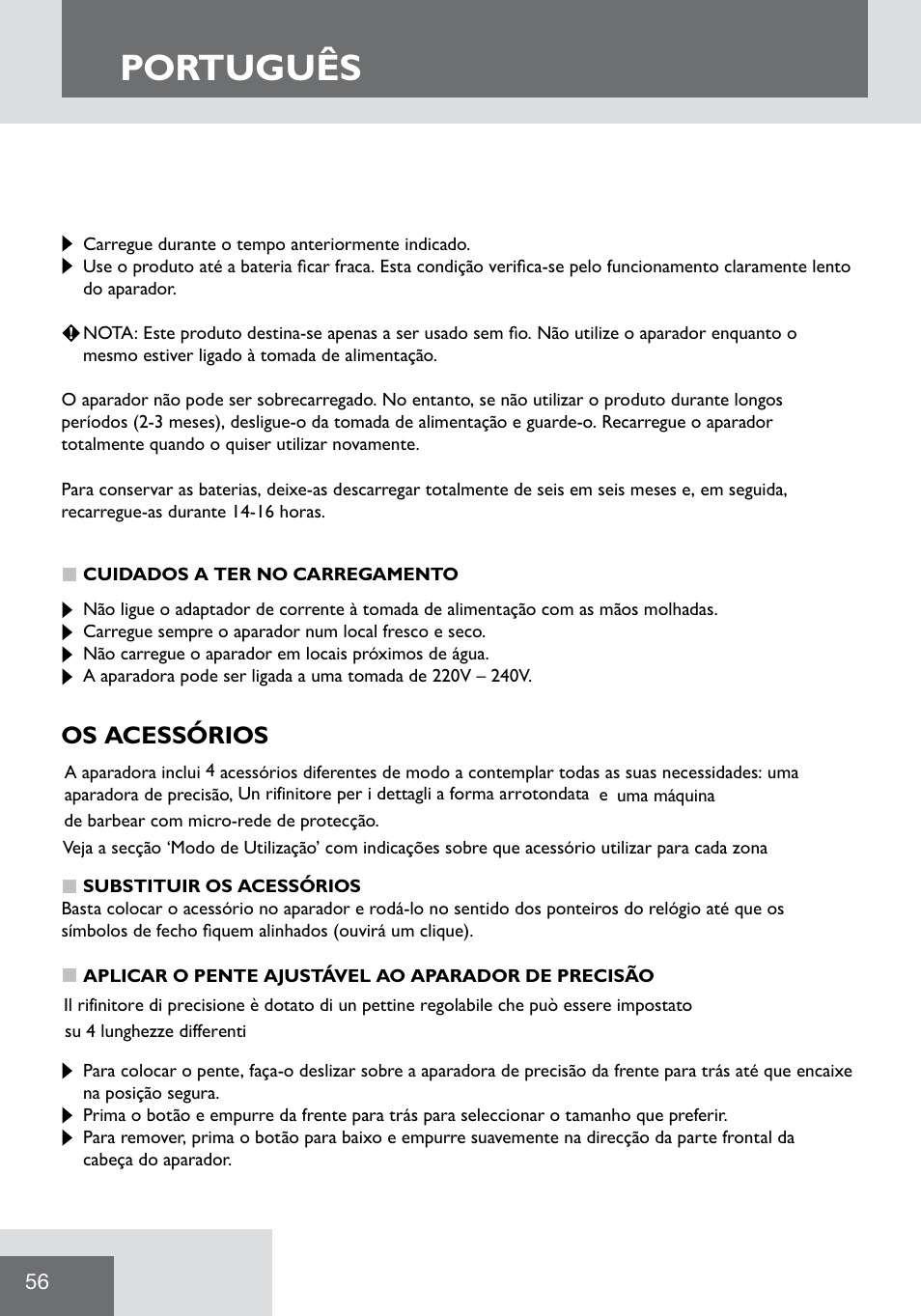 Português, Os acessórios | Remington WPG2000 User Manual | Page 58 / 128
