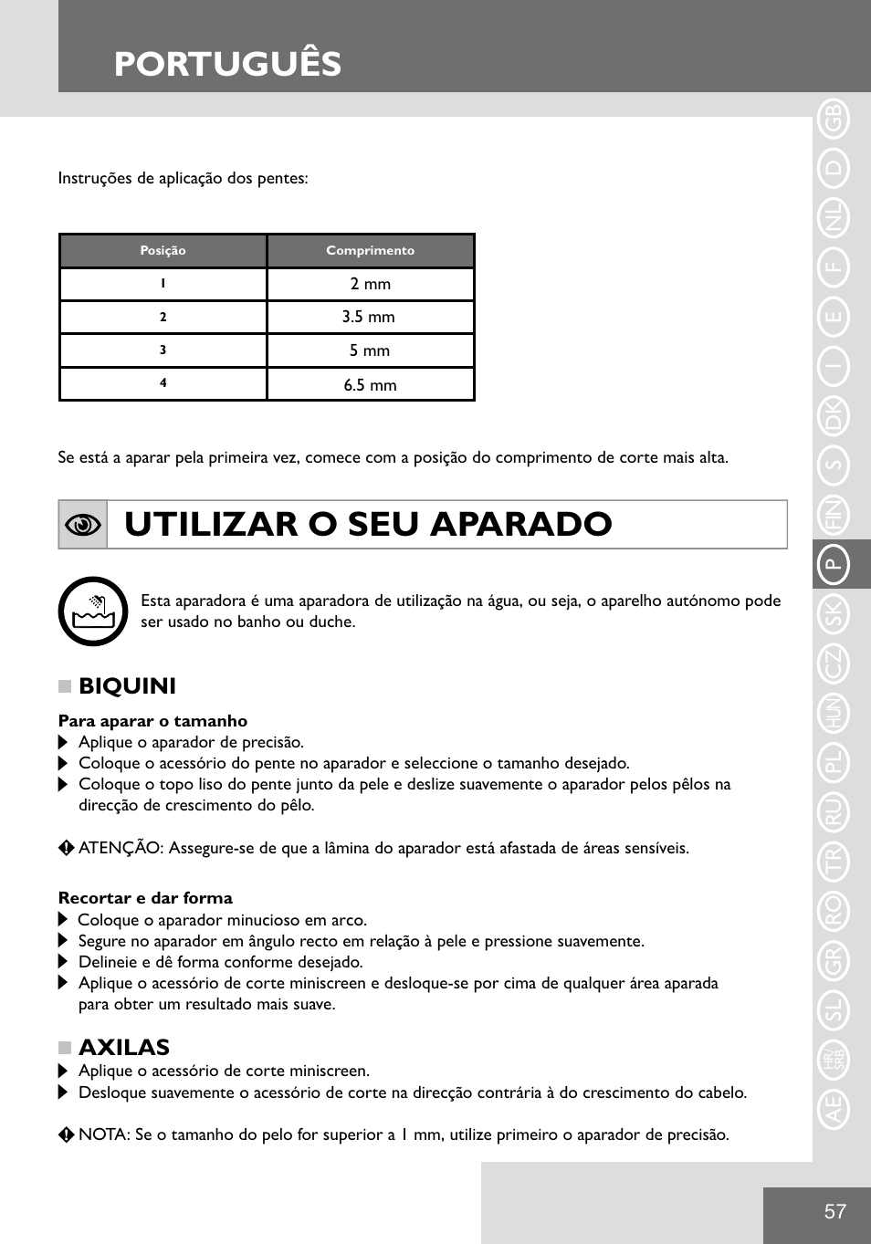 Português, Utilizar o seu aparado, Biquini | Axilas | Remington WPG2000 User Manual | Page 59 / 128