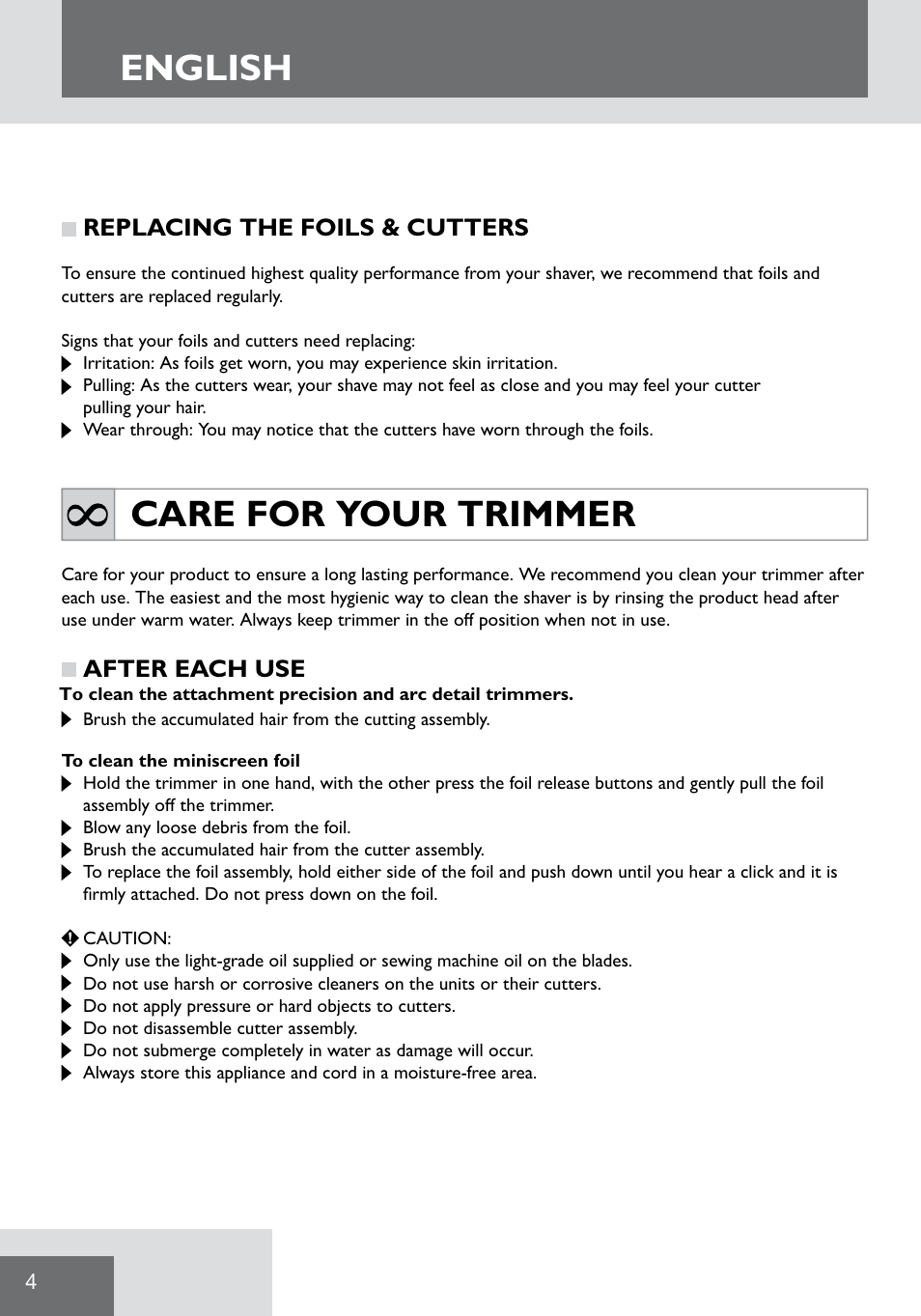 English, Care for your trimmer | Remington WPG2000 User Manual | Page 6 / 128