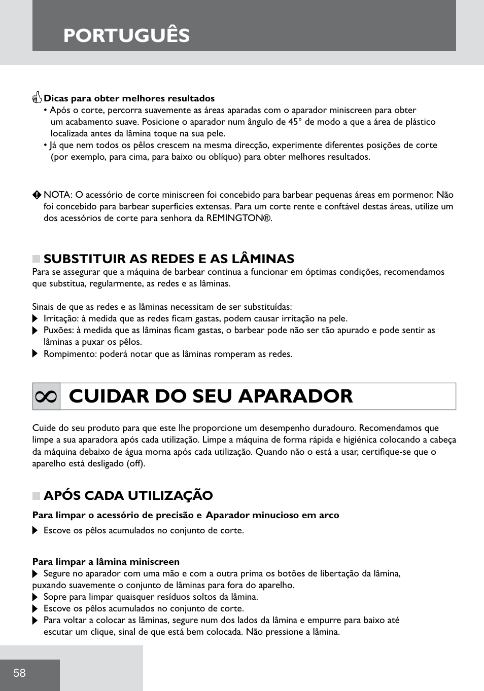 Português, Cuidar do seu aparador | Remington WPG2000 User Manual | Page 60 / 128
