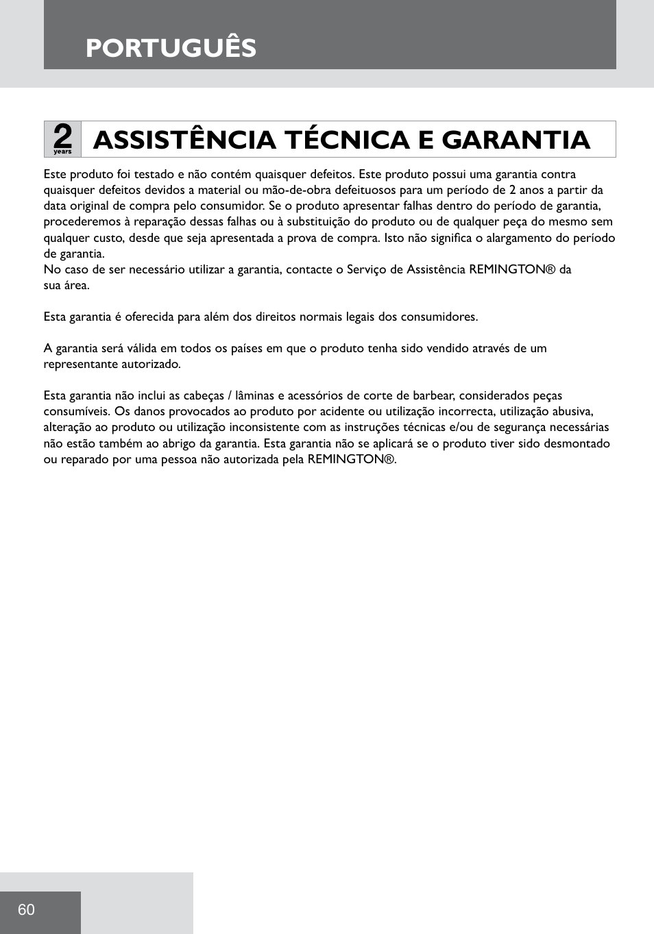 Português, Assistência técnica e garantia | Remington WPG2000 User Manual | Page 62 / 128