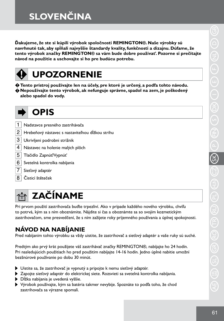 Slovenčina, Upozornenie opis, Začíname | Remington WPG2000 User Manual | Page 63 / 128
