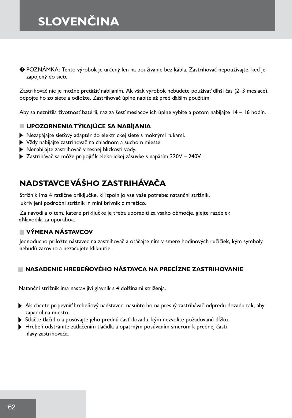 Slovenčina, Nadstavce vášho zastrihávača | Remington WPG2000 User Manual | Page 64 / 128