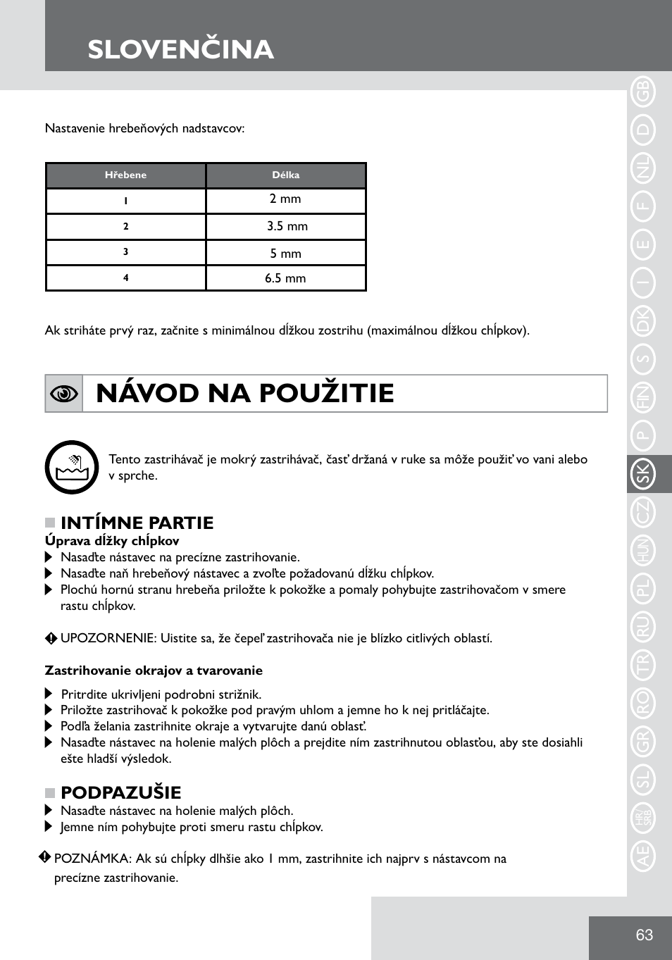 Slovenčina, Návod na použitie, Intímne partie | Podpazušie | Remington WPG2000 User Manual | Page 65 / 128