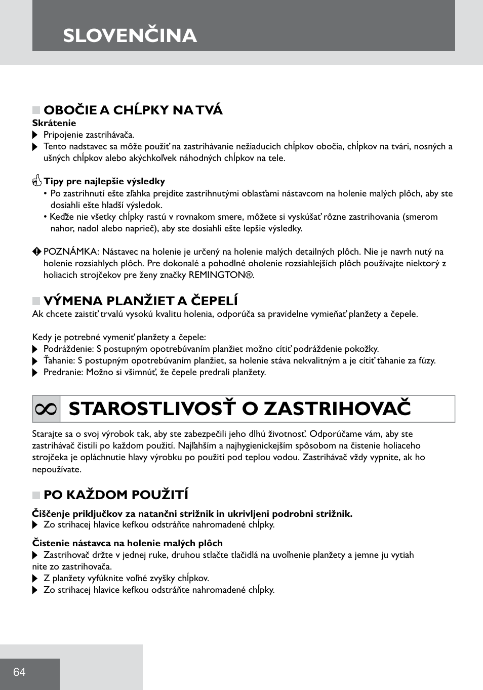 Slovenčina, Starostlivosť o zastrihovač | Remington WPG2000 User Manual | Page 66 / 128