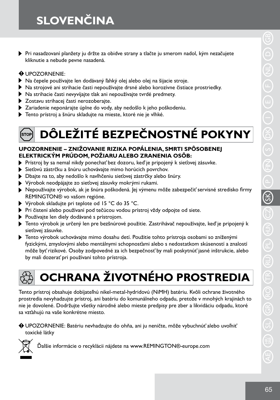 Slovenčina | Remington WPG2000 User Manual | Page 67 / 128