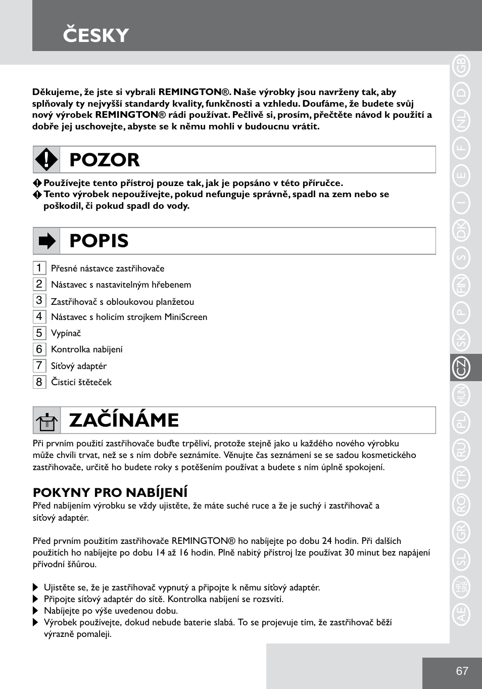 Česky, Pozor popis, Začínáme | Remington WPG2000 User Manual | Page 69 / 128