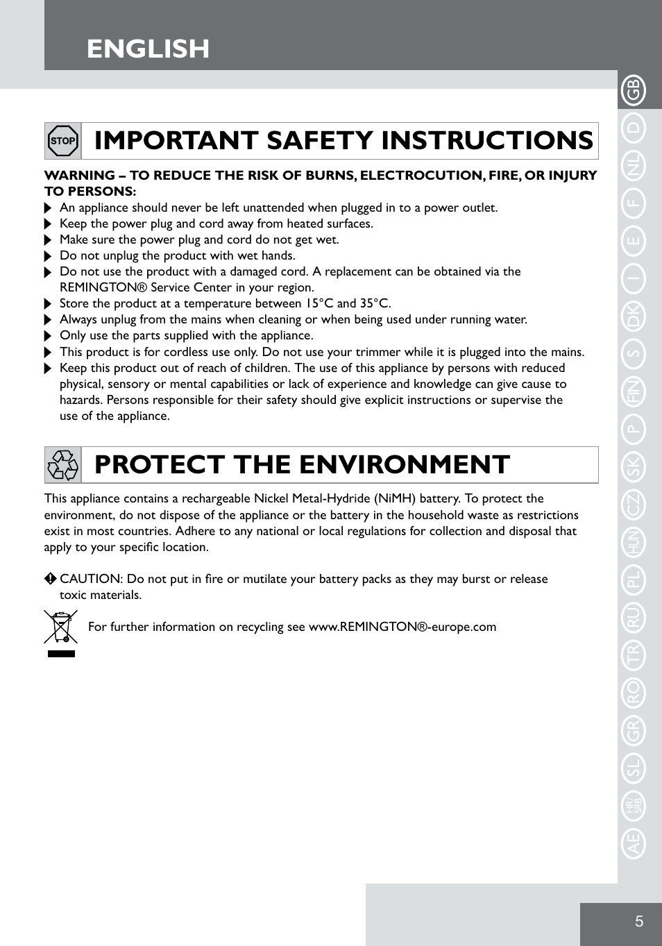 English | Remington WPG2000 User Manual | Page 7 / 128