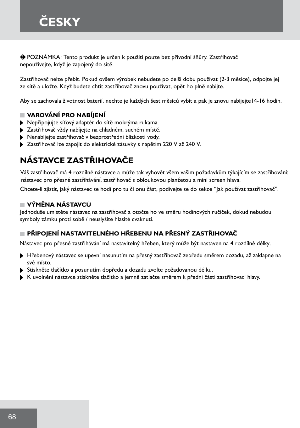 Česky, Nástavce zastřihovače | Remington WPG2000 User Manual | Page 70 / 128