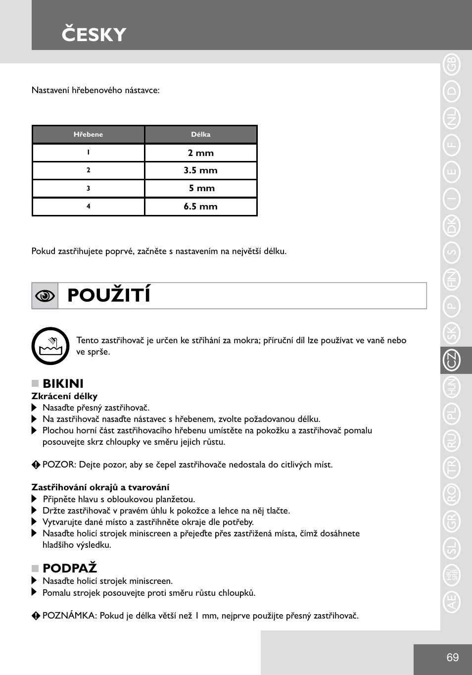 Česky, Použití, Bikini | Podpaž | Remington WPG2000 User Manual | Page 71 / 128