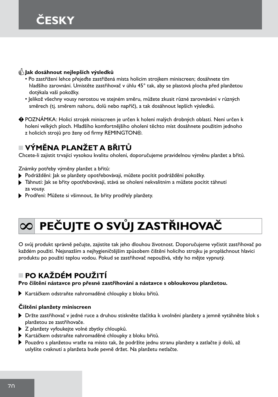 Česky, Pečujte o svůj zastřihovač, Po každém použití | Výměna planžet a břitů | Remington WPG2000 User Manual | Page 72 / 128