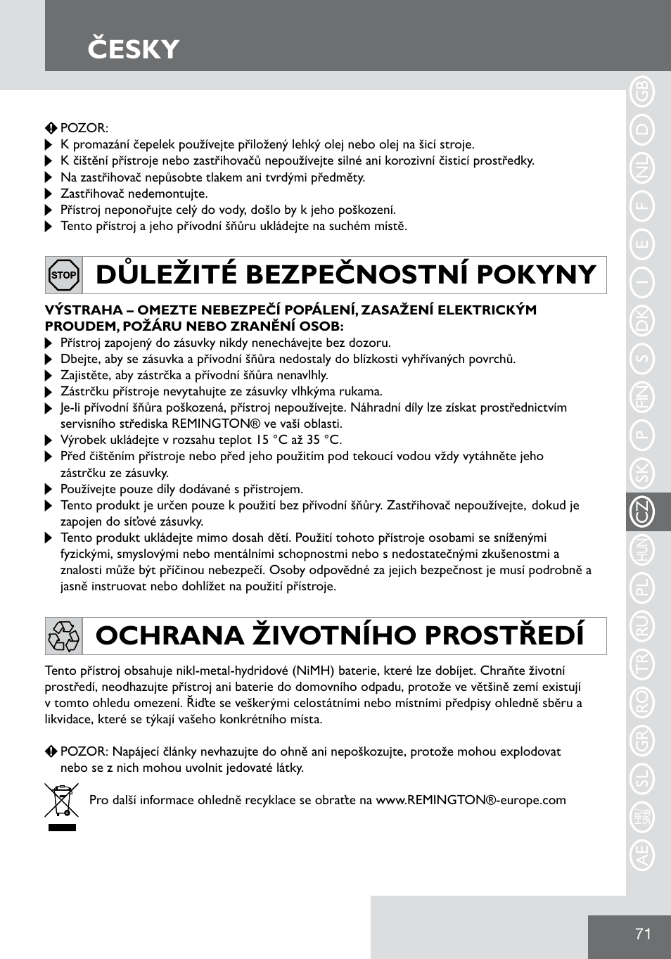 Česky | Remington WPG2000 User Manual | Page 73 / 128