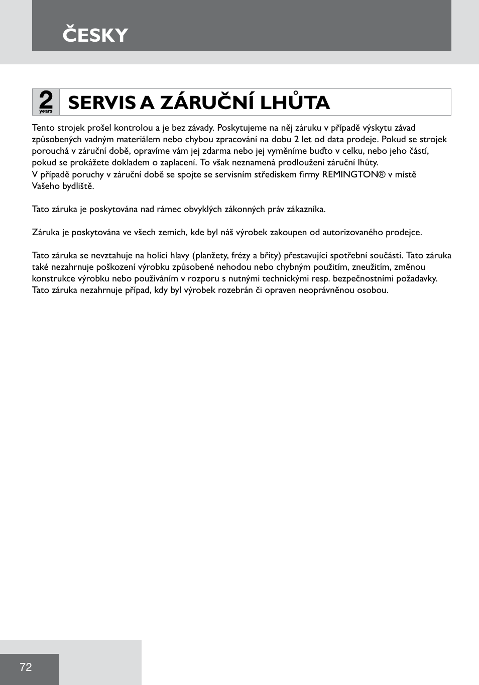 Česky, Servis a záruční lhůta | Remington WPG2000 User Manual | Page 74 / 128