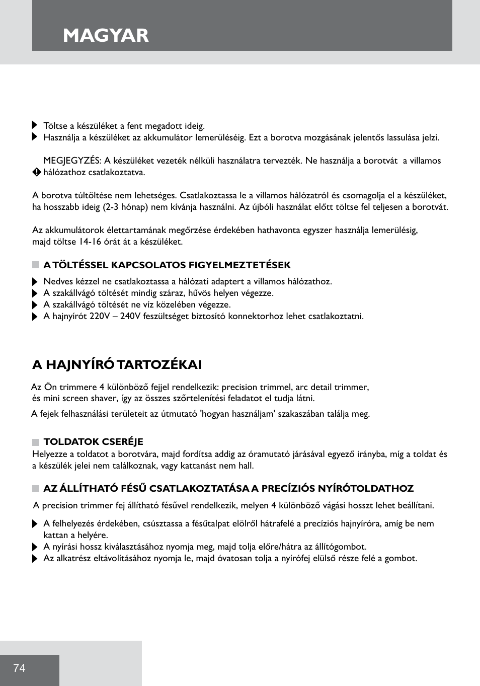 Magyar, A hajnyíró tartozékai | Remington WPG2000 User Manual | Page 76 / 128