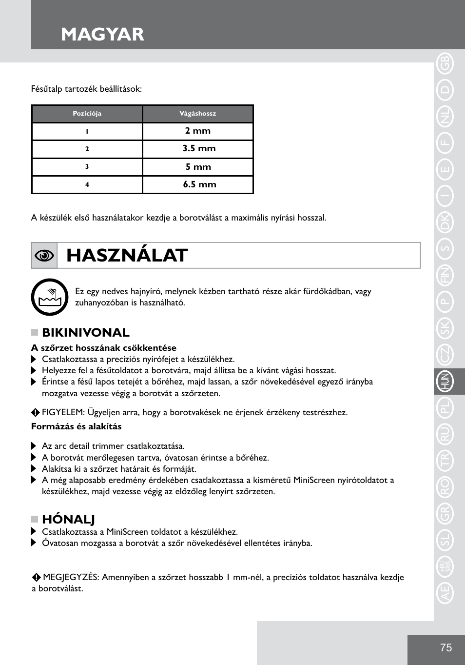 Magyar, Használat, Bikinivonal | Hónalj | Remington WPG2000 User Manual | Page 77 / 128