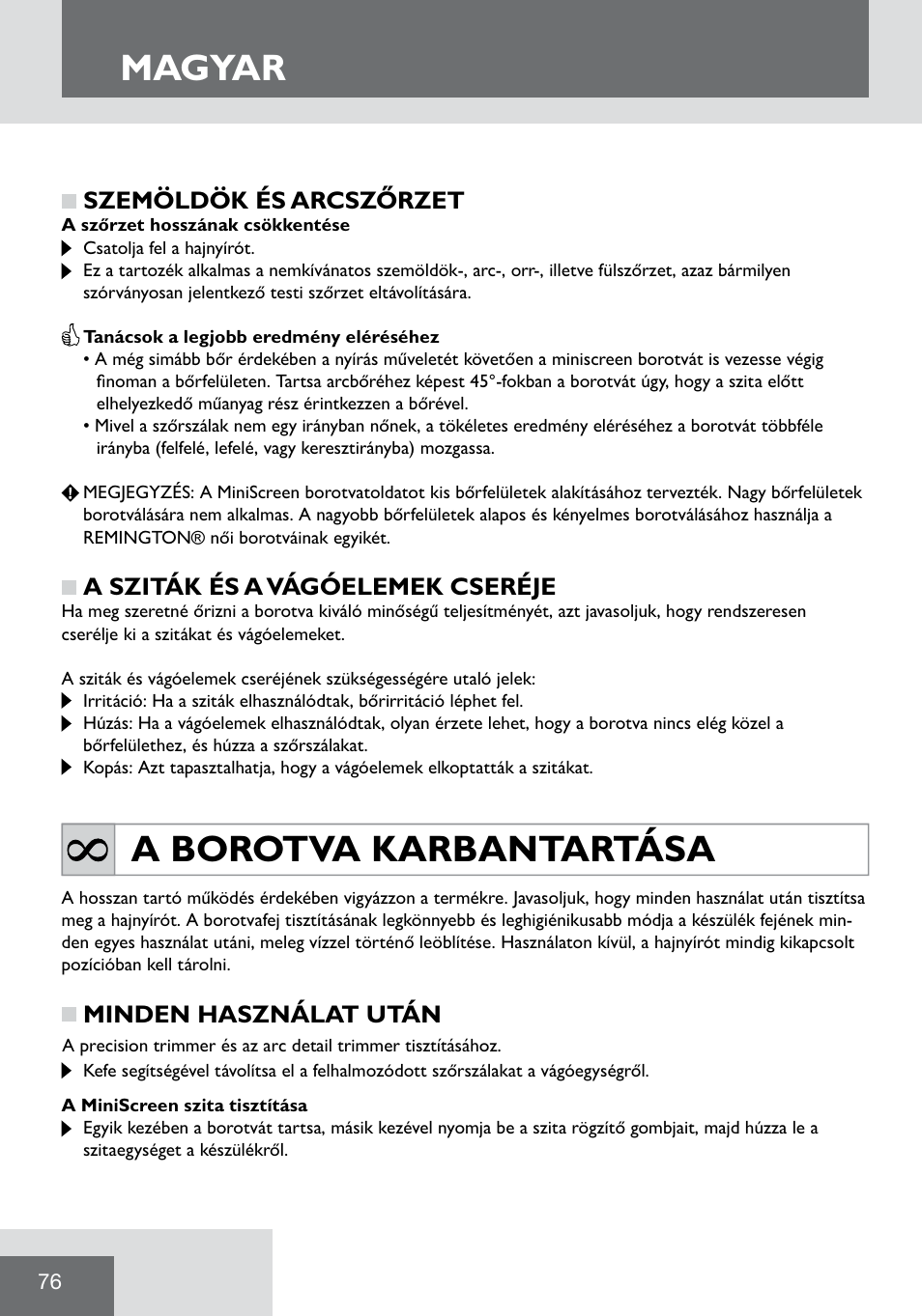 Magyar, A borotva karbantartása | Remington WPG2000 User Manual | Page 78 / 128