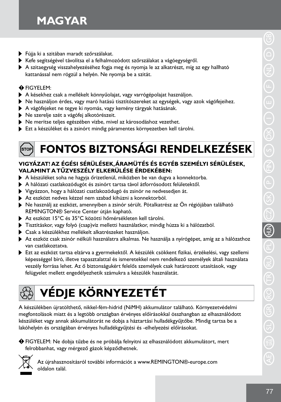 Magyar, Fontos biztonsági rendelkezések védje környezetét | Remington WPG2000 User Manual | Page 79 / 128