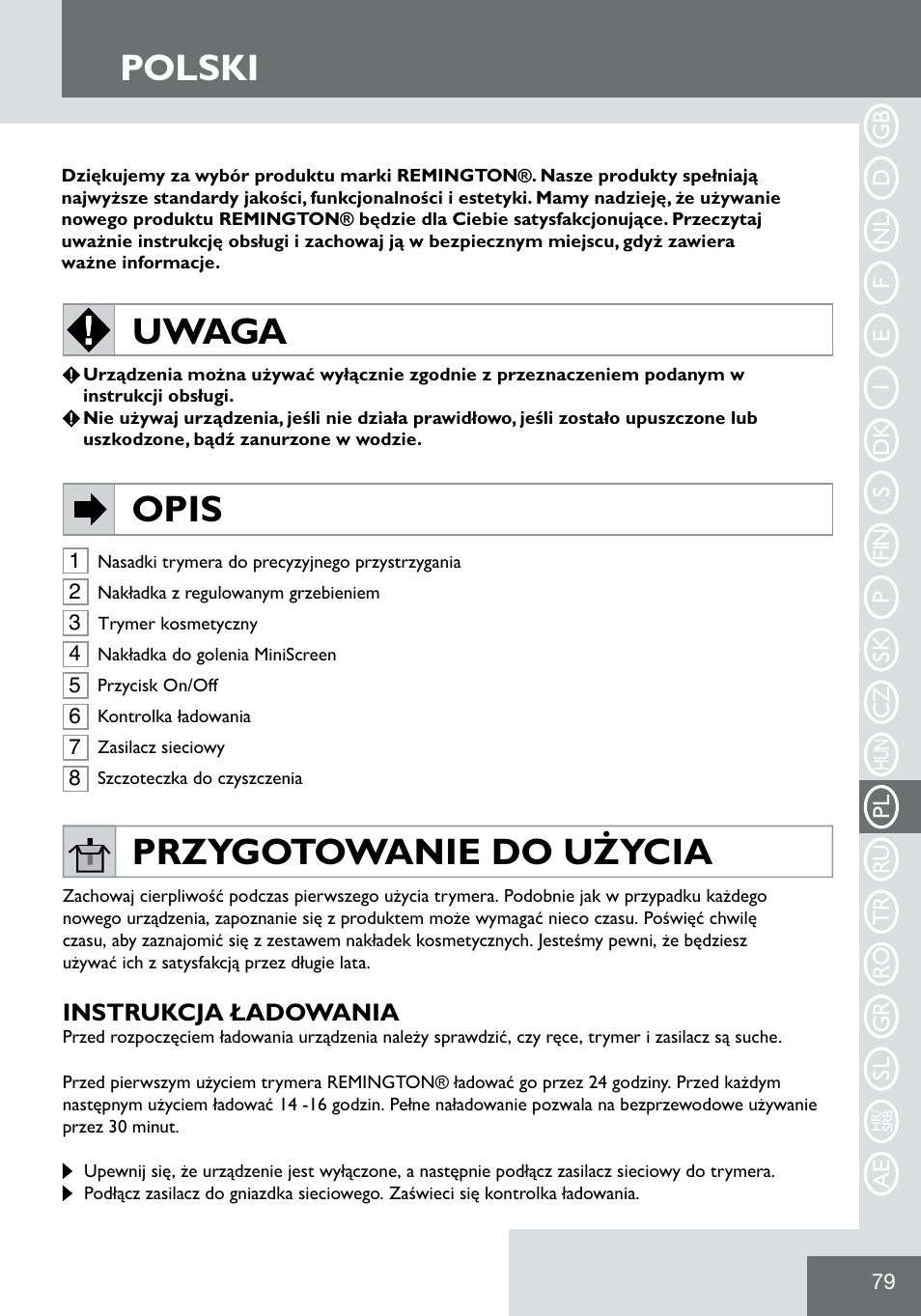 Polski, Uwaga, Opis | Przygotowanie do użycia | Remington WPG2000 User Manual | Page 81 / 128