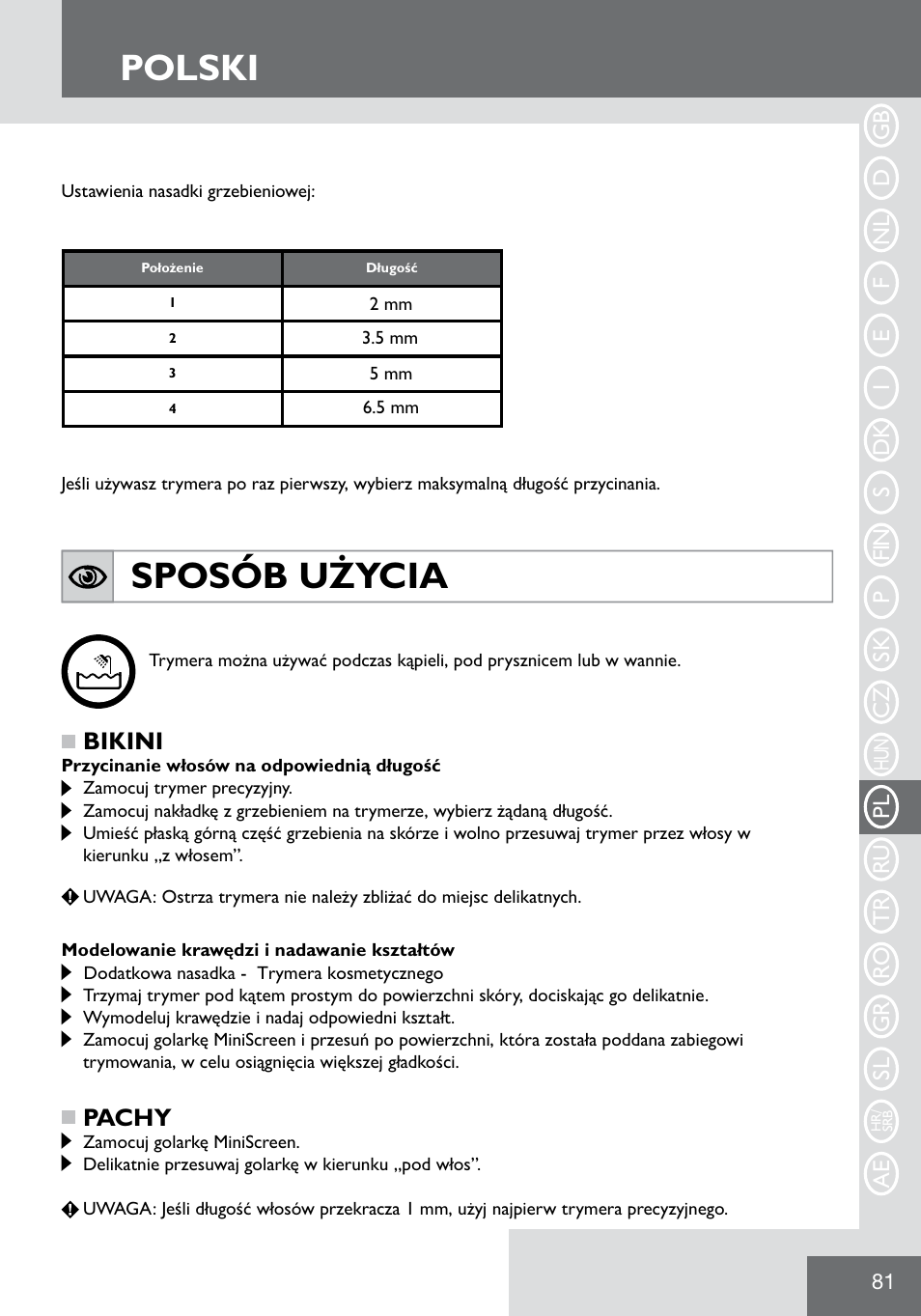Polski, Sposób użycia, Bikini | Pachy | Remington WPG2000 User Manual | Page 83 / 128