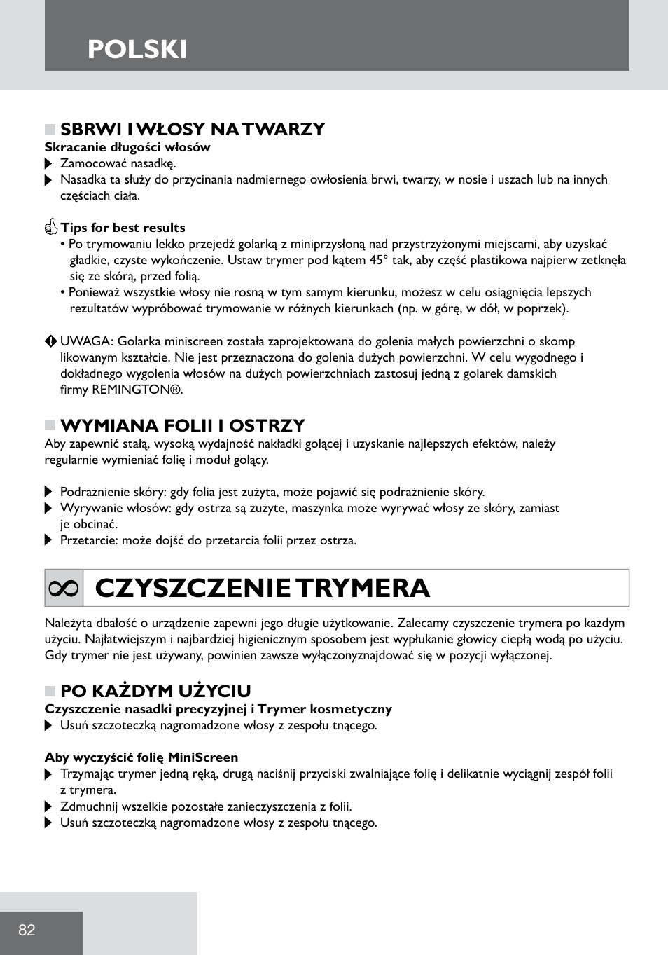 Polski, Czyszczenie trymera | Remington WPG2000 User Manual | Page 84 / 128