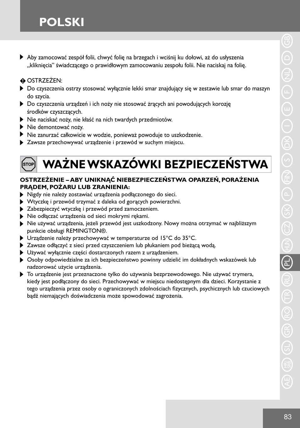 Polski, Ważne wskazówki bezpieczeństwa | Remington WPG2000 User Manual | Page 85 / 128