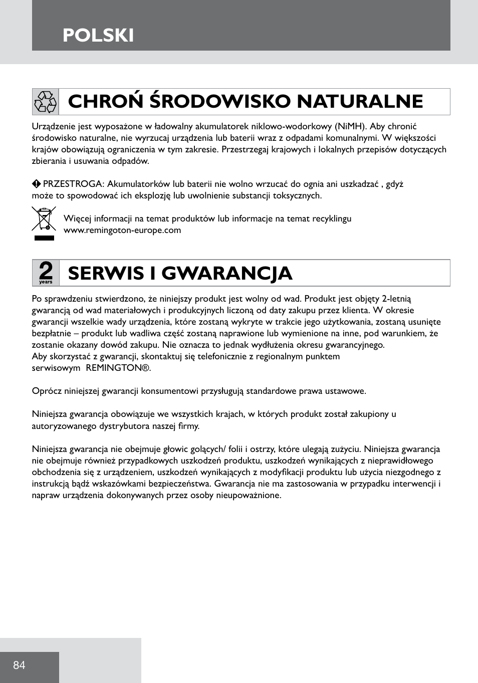 Polski, Serwis i gwarancja, Chroń środowisko naturalne | Remington WPG2000 User Manual | Page 86 / 128