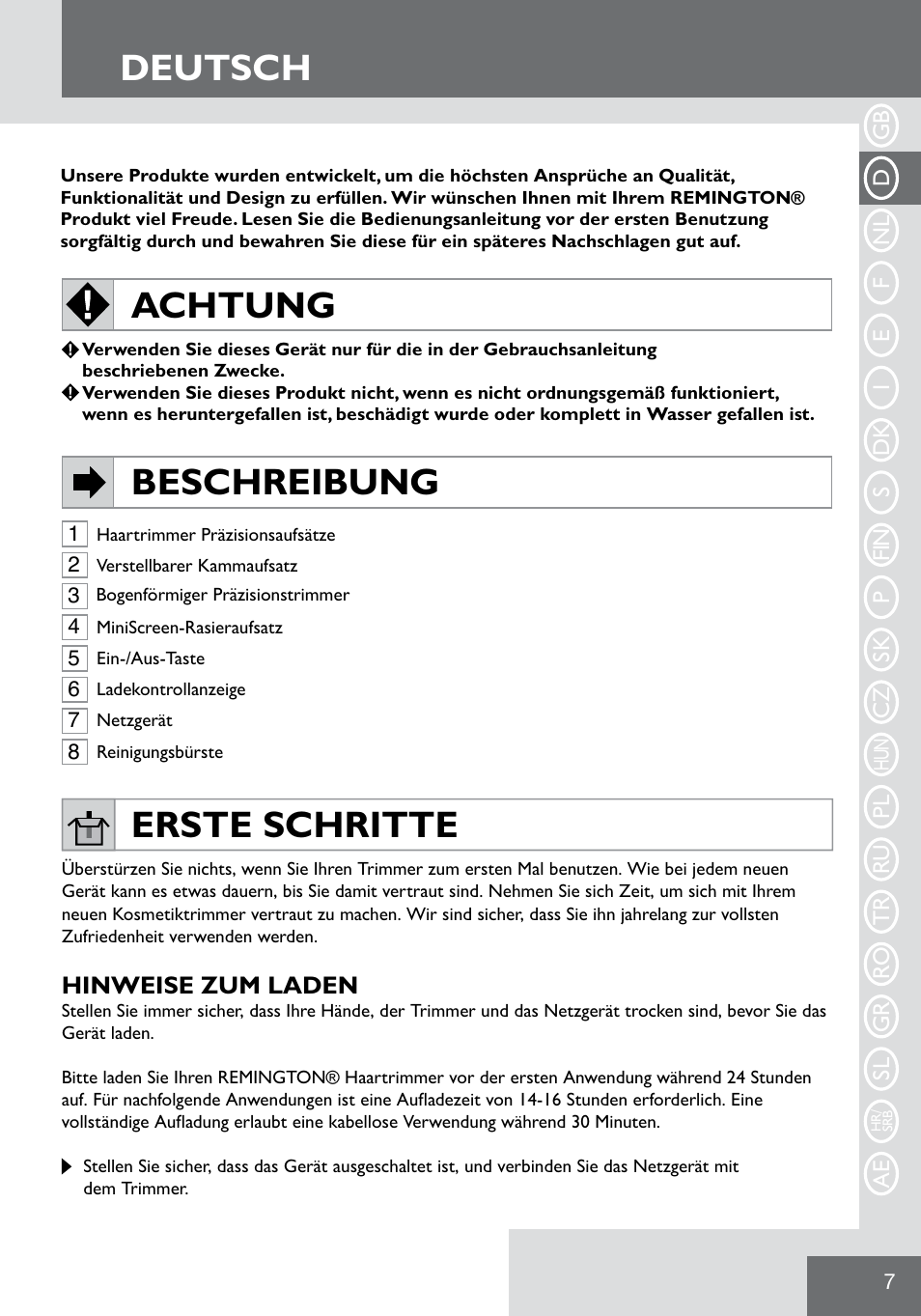 Deutsch, Achtung beschreibung, Erste schritte | Remington WPG2000 User Manual | Page 9 / 128