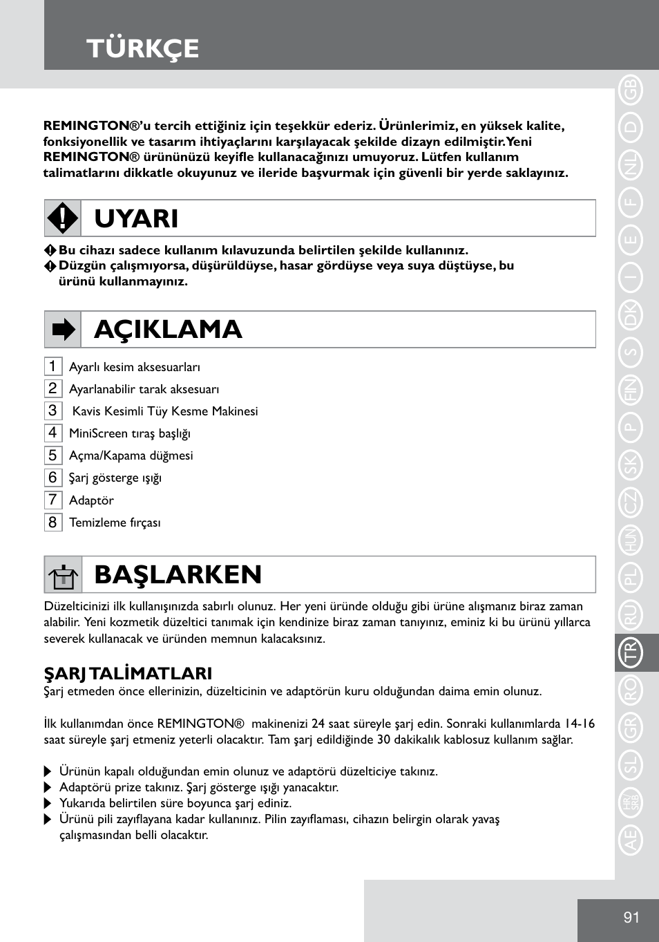 Türkçe, Uyari açiklama, Başlarken | Remington WPG2000 User Manual | Page 93 / 128