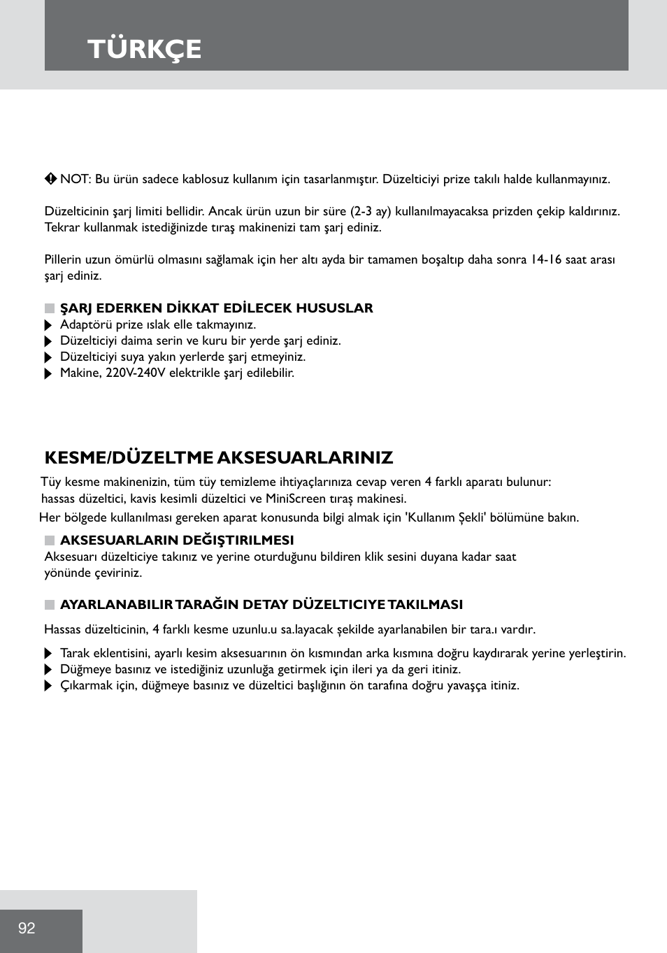 Türkçe, Kesme/düzeltme aksesuarlariniz | Remington WPG2000 User Manual | Page 94 / 128