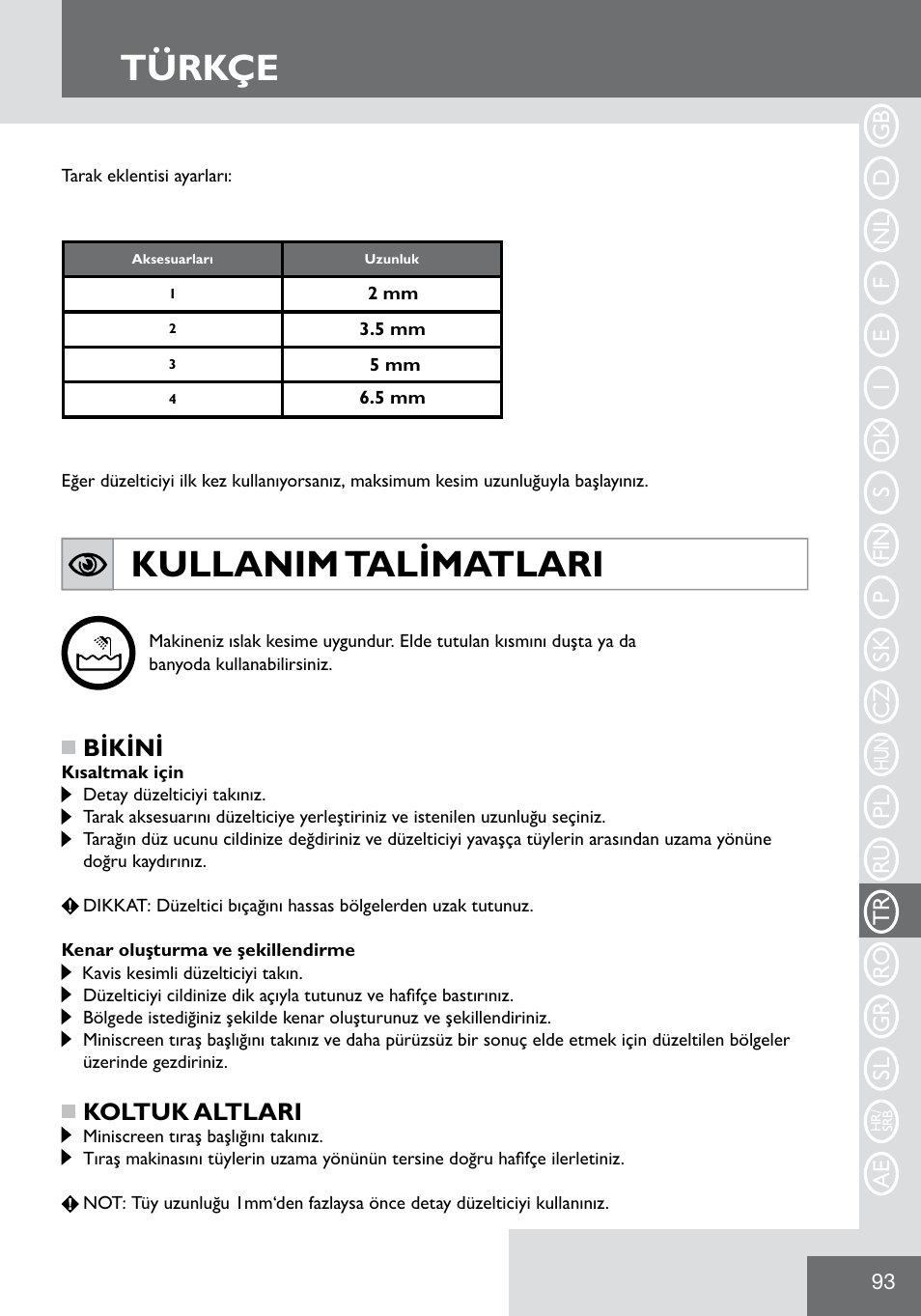 Türkçe, Kullanim talimatlari, Bikini | Koltuk altlari | Remington WPG2000 User Manual | Page 95 / 128