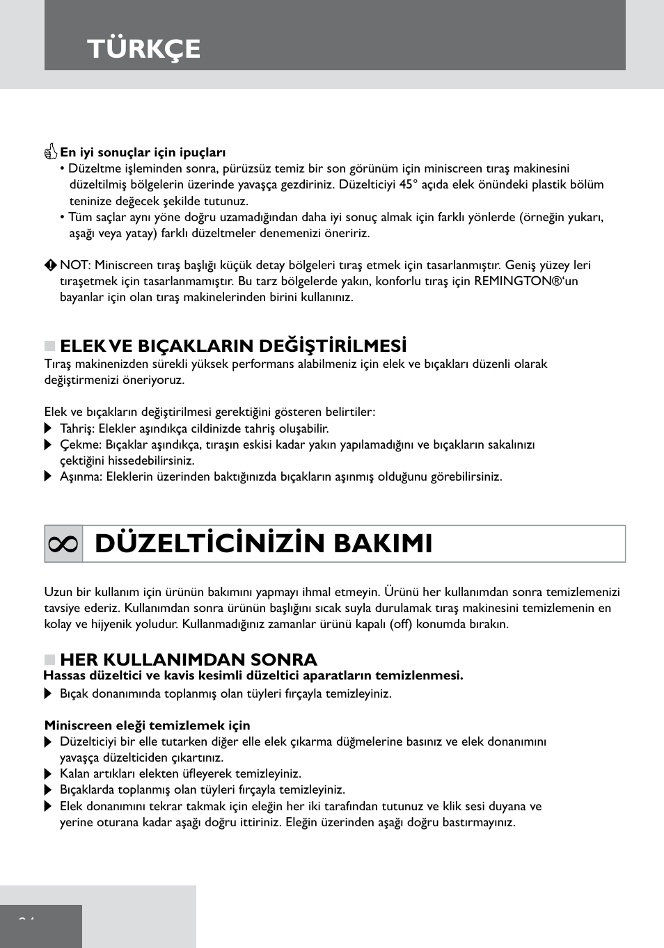 Türkçe, Düzelticinizin bakimi | Remington WPG2000 User Manual | Page 96 / 128