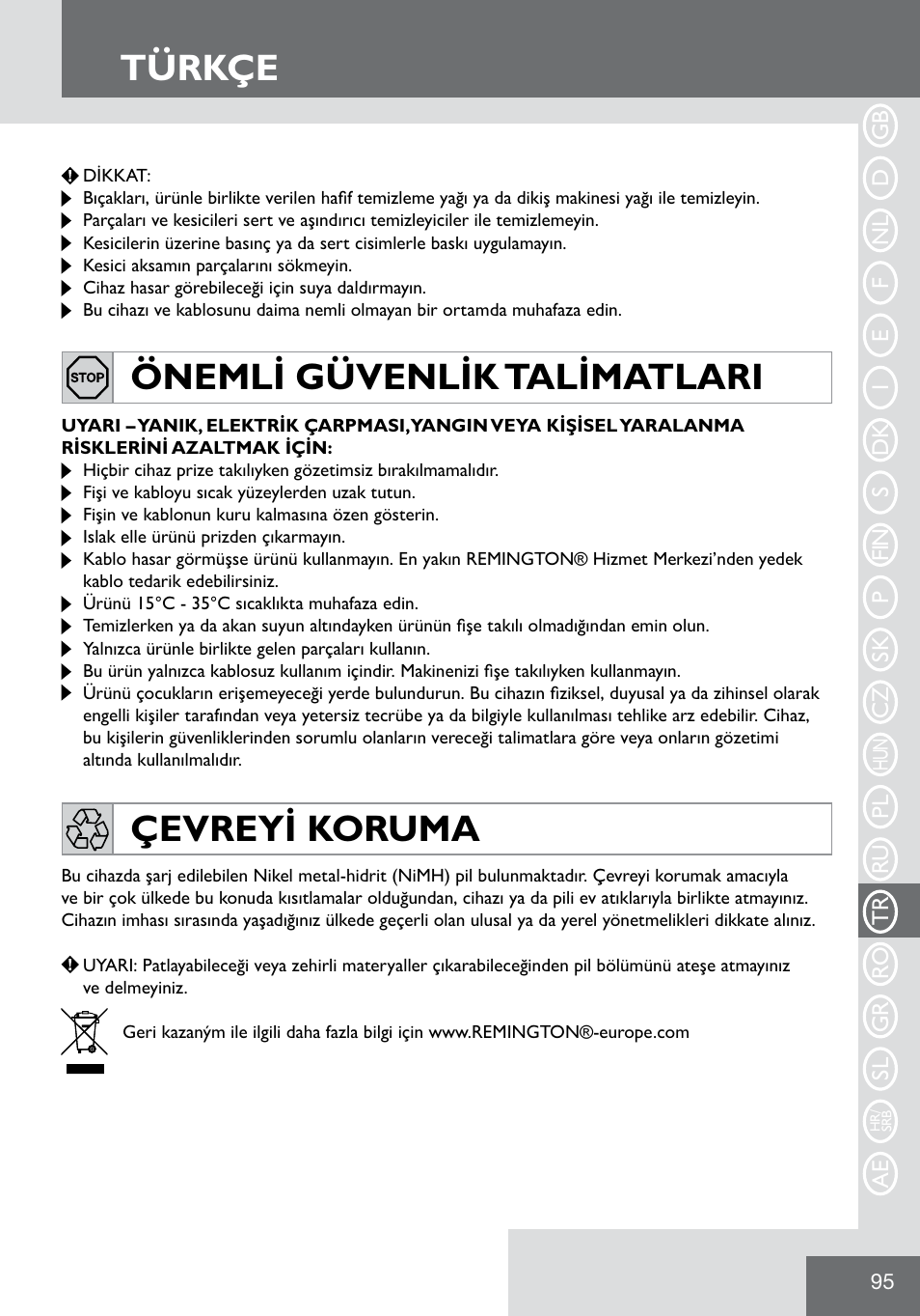 Türkçe, Önemli güvenlik talimatlari çevreyi koruma | Remington WPG2000 User Manual | Page 97 / 128