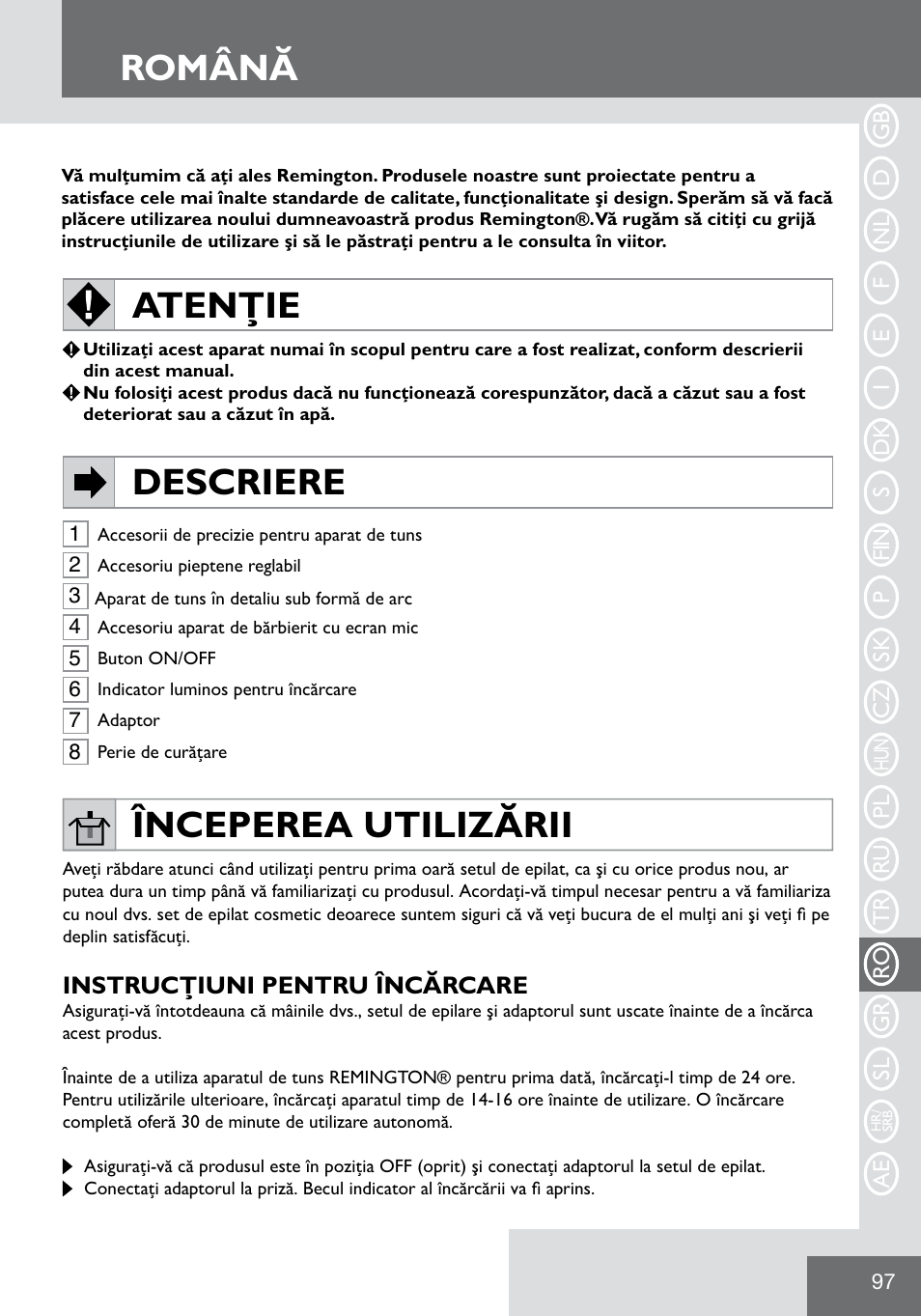 Română, Atenţie, Descriere | Începerea utilizării | Remington WPG2000 User Manual | Page 99 / 128