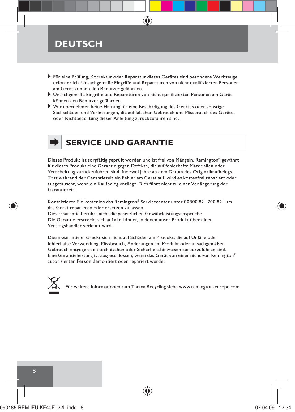 Deutsch, Service und garantie | Remington KF40E User Manual | Page 10 / 87