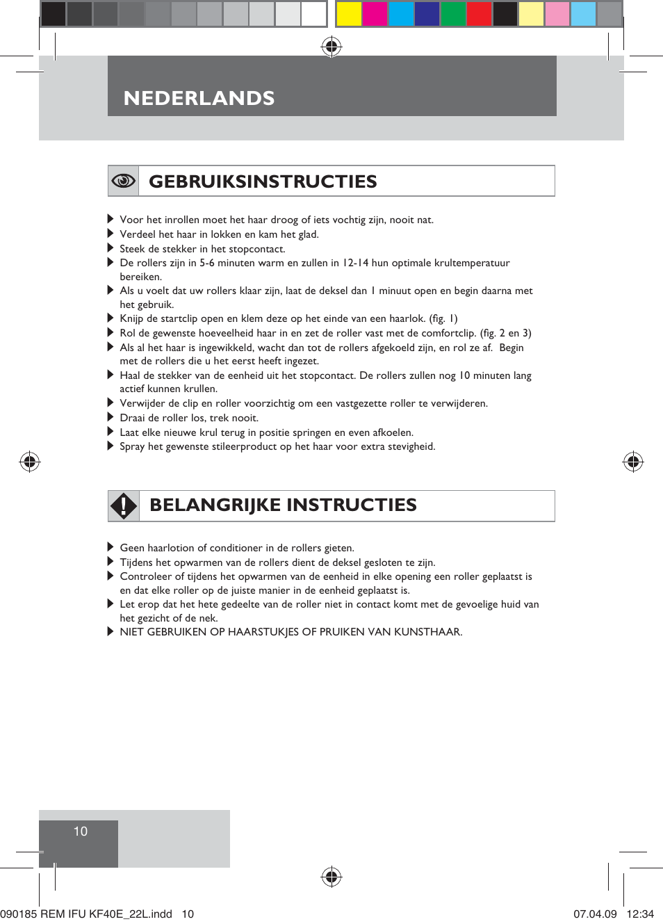 Nederlands, Gebruiksinstructies, Belangrijke instructies | Remington KF40E User Manual | Page 12 / 87