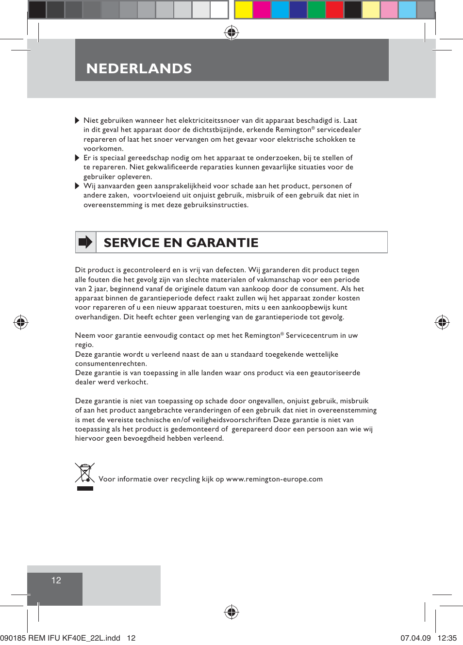 Nederlands, Service en garantie | Remington KF40E User Manual | Page 14 / 87