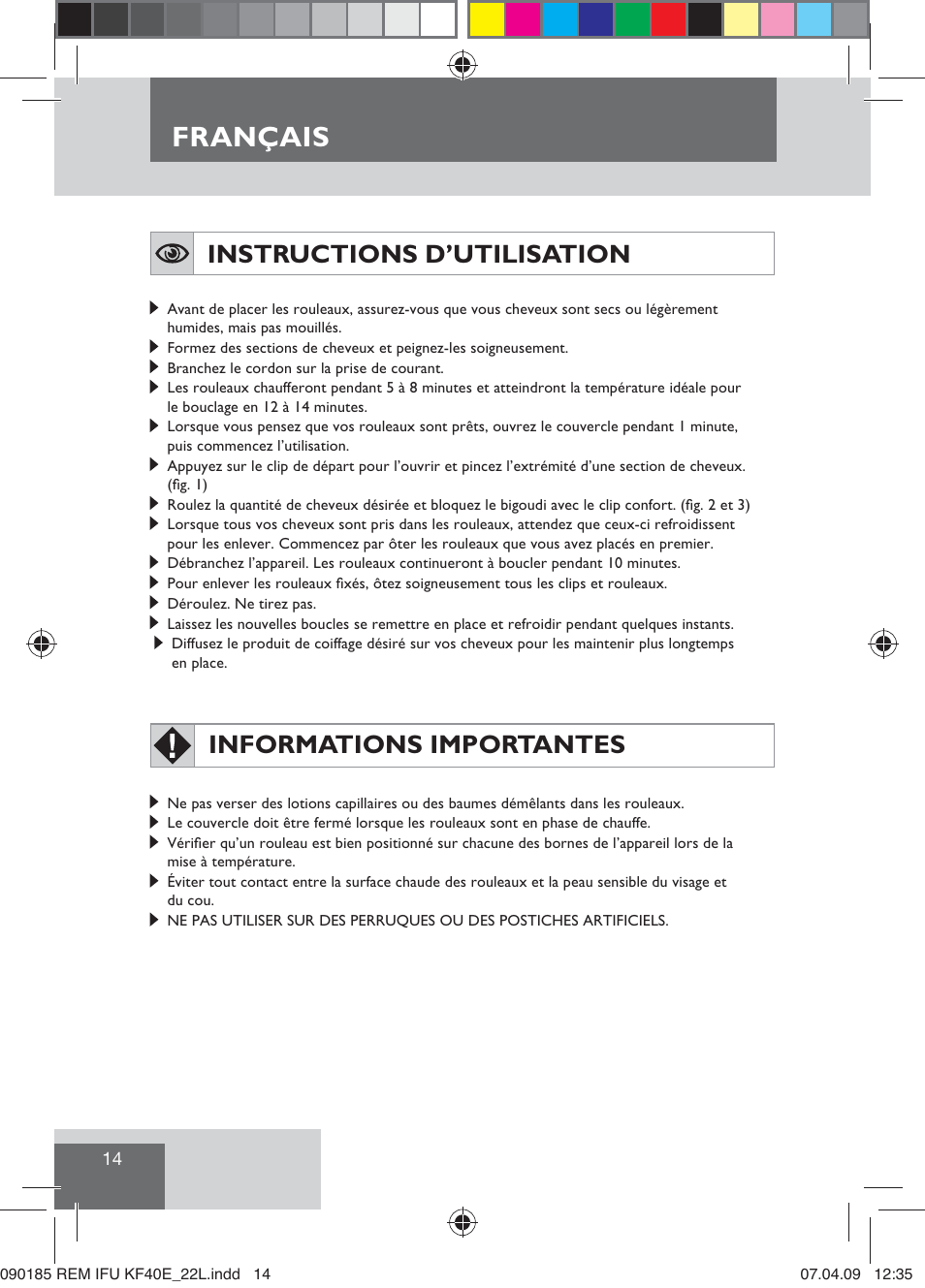 Français, Instructions d’utilisation, Informations importantes | Remington KF40E User Manual | Page 16 / 87