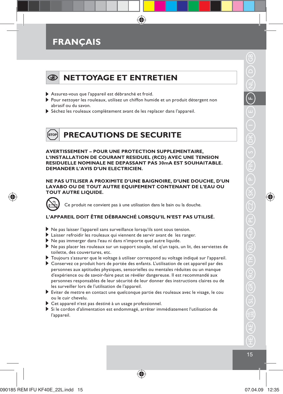 Français, Nettoyage et entretien, Precautions de securite | Remington KF40E User Manual | Page 17 / 87