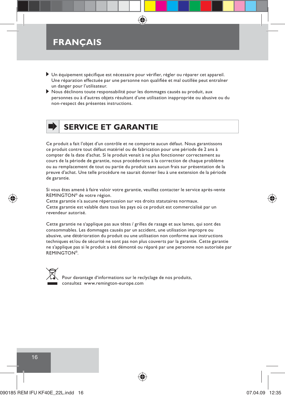 Français, Service et garantie | Remington KF40E User Manual | Page 18 / 87