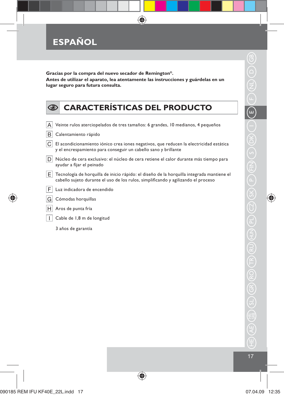 Español, Características del producto | Remington KF40E User Manual | Page 19 / 87