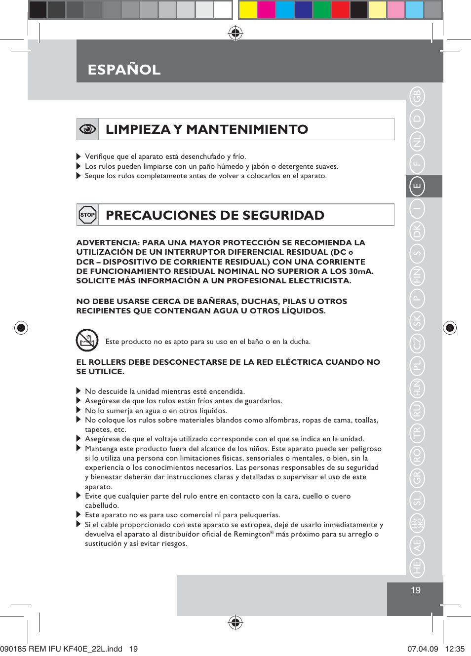 Español, Limpieza y mantenimiento, Precauciones de seguridad | Remington KF40E User Manual | Page 21 / 87