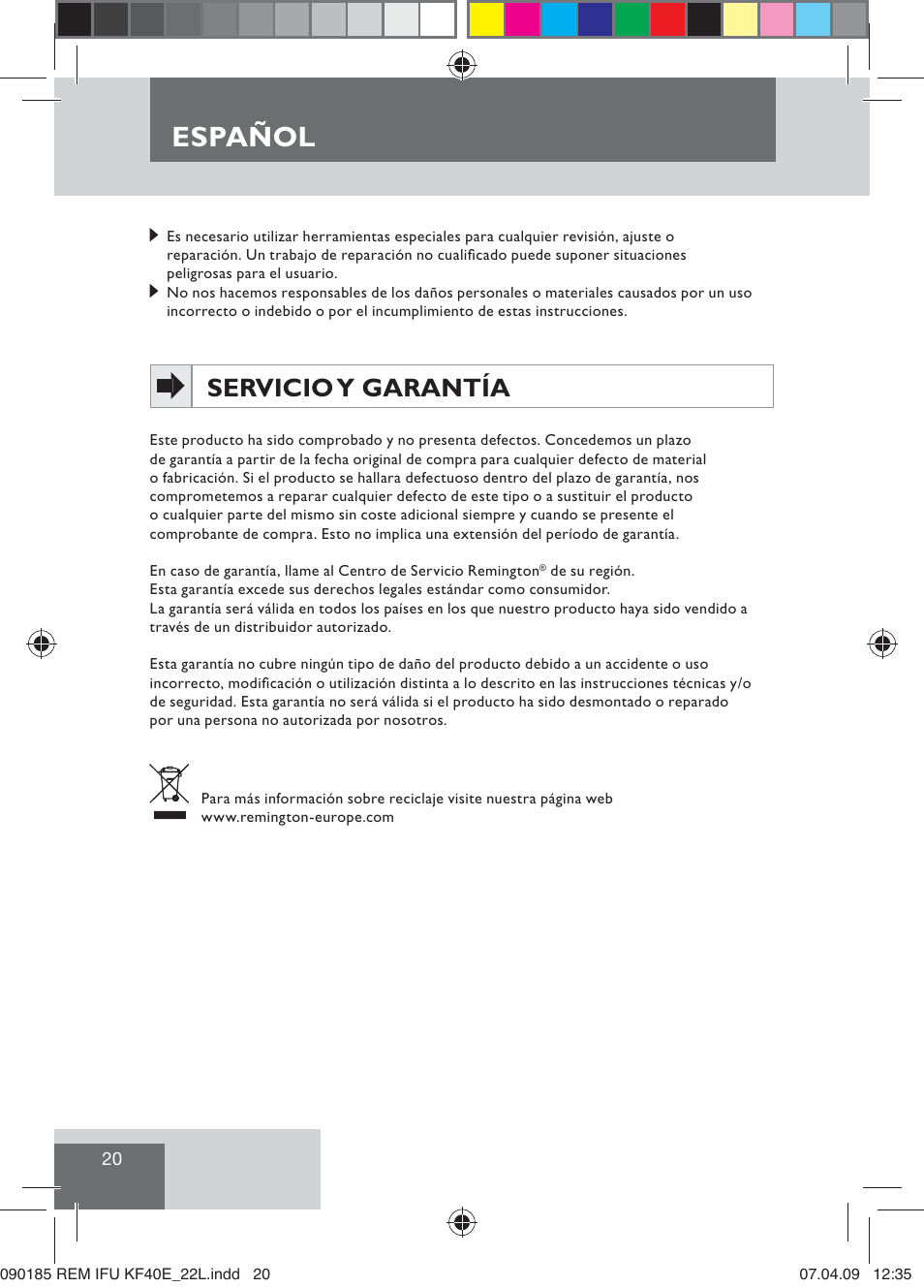 Español, Servicio y garantía | Remington KF40E User Manual | Page 22 / 87